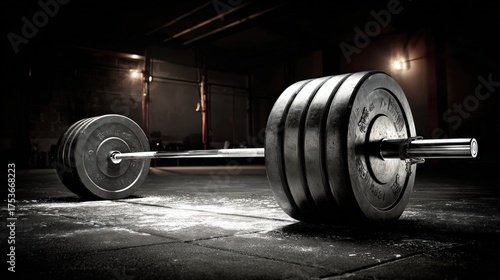 Heavy barbell on gym floor with chalk dust in low light setting