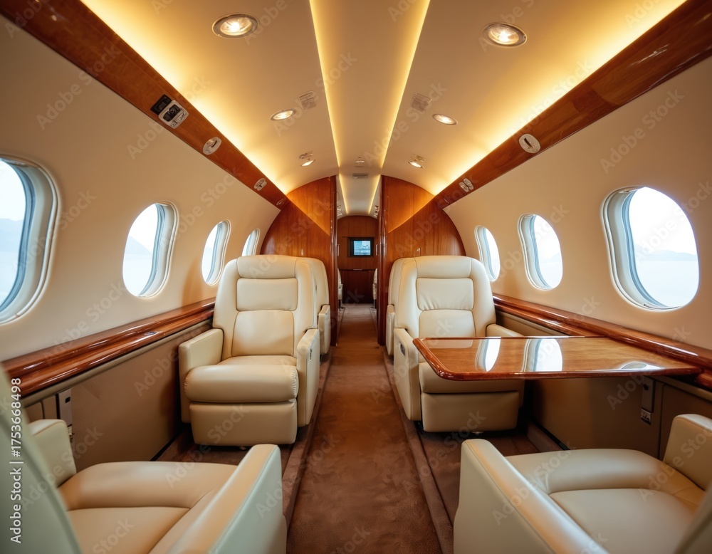 Fototapeta premium Interior view in luxury private jet. Beige leather seats with wooden trim, carpeted floor, small windows. Comfortable interior of business jet for traveling in style, comfort. Modern design in