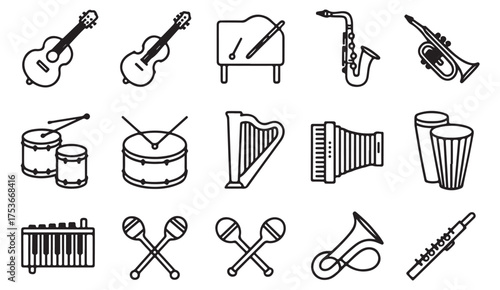 Minimalist vector illustration set of diverse musical instruments representing sound, art, and performance in clean line art style