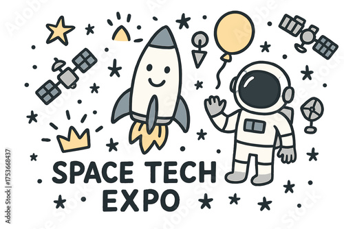 Playful Space Illustration. Space tech expo illustration doodle style: hand drawn rocket with smile, crown, star, balloon,