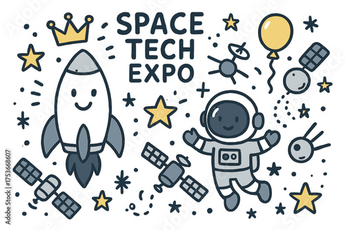 Playful Space Illustration. Space tech expo illustration doodle style: hand drawn rocket with smile, crown, star, balloon,