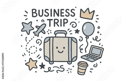Whimsical Travel Doodles. Business trip illustration doodle style: hand drawn suitcase with smile, crown, star, balloon, plane,