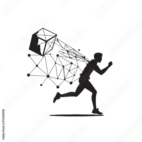 Silhouette of a man running away from a geometric network explosion Keywords: silhouette, man, running, escape, network, explosion, abstract, geometric, connections, technology, data, information