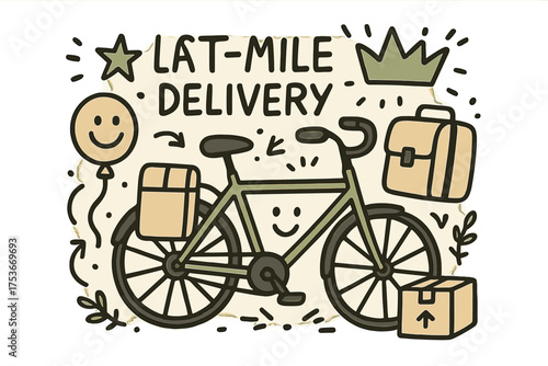 Doodle Delivery Bicycle. Last mile delivery illustration doodle style: hand drawn bicycle with smile, crown, star, balloon,