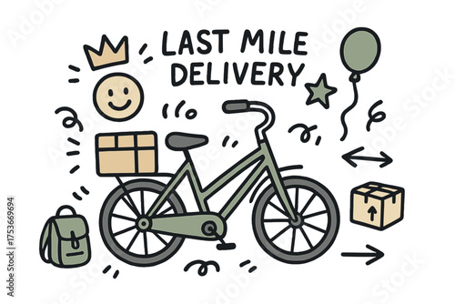 Doodle Delivery Bicycle. Last mile delivery illustration doodle style: hand drawn bicycle with smile, crown, star, balloon,