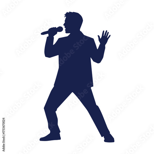 Dark blue silhouette of a man singing into a microphone with one hand raised music