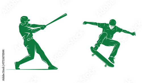 Green Silhouette of Baseball Player Swinging and Skateboarder Mid- Air batter