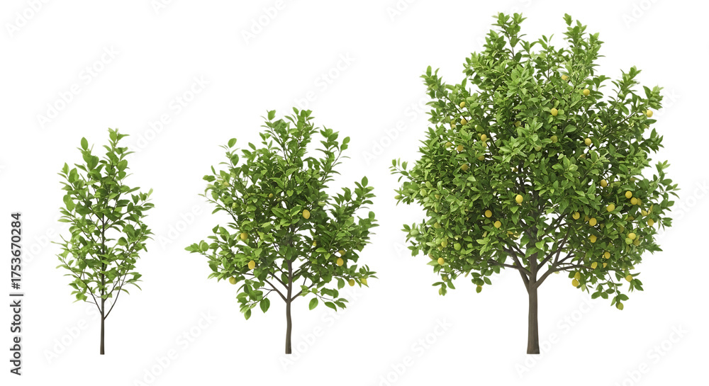 Obraz premium Three green trees with yellow fruit on transparent background
