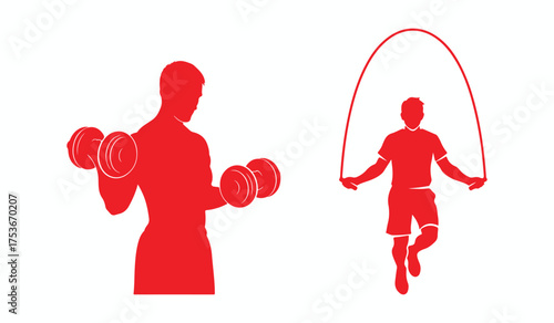 Silhouettes of a man lifting dumbbells and a man jumping rope male