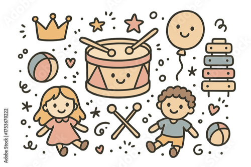 Playful Toys Doodle. Kids playtime illustration doodle style: hand drawn toy drum with smile, crown, star, balloon, xylophone,