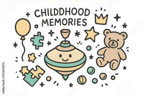 Nostalgic Toy Doodles. Childhood memories illustration doodle style: hand drawn spinning top with smile, crown, star, balloon,