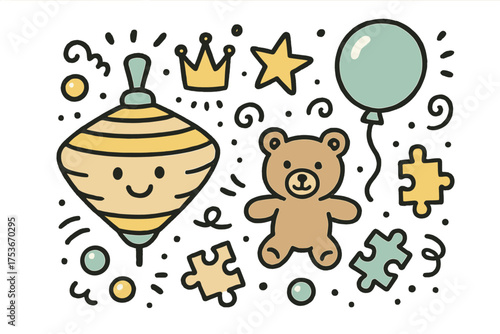 Nostalgic Toy Doodles. Childhood memories illustration doodle style: hand drawn spinning top with smile, crown, star, balloon,