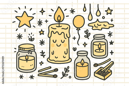 Candle Craft Doodle. Candle making hobby illustration doodle style: hand drawn candle with smile, crown, star, balloon, wax, jars,