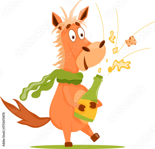 New Year horse with champagne and scarf. Celebrate New year 2026. Winter character design. Vector illustration, hand drawn. 
