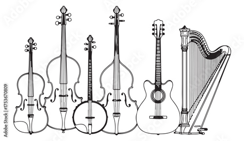 Line art illustration of various string instruments including harp, banjo, guitar, and cello for creative design and music education visuals