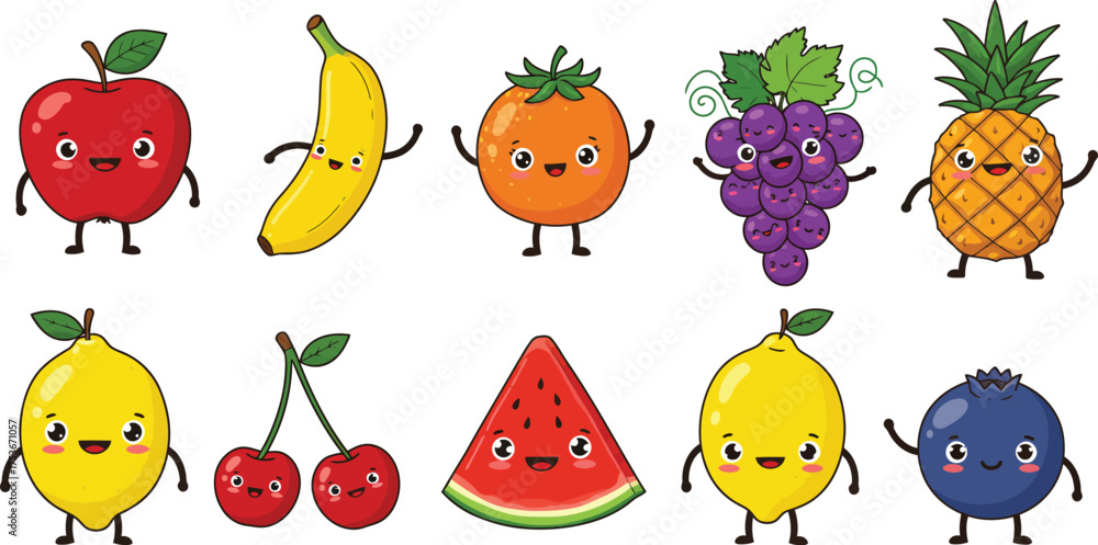 Fototapeta premium Adorable Vegetable Characters – Carrot, Pumpkin, Eggplant, Peas, and Mushroom Illustration