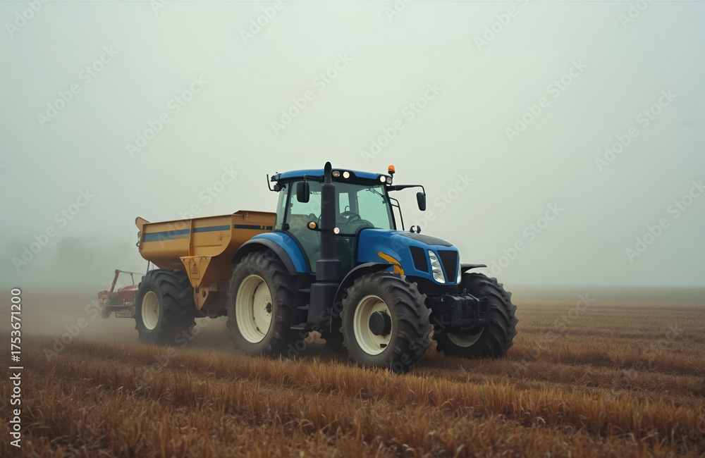 Fototapeta premium Blue tractor with yellow trailer spreads agrilime on foggy day in field. Agricultural machinery works in rural area on farm land. Farming equipment in action on misty morning.