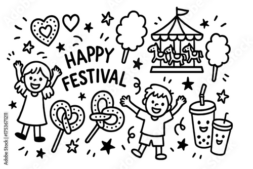 Festive Doodle Extravaganza. Happy festival doodle vector with children, gingerbread hearts, cotton candy sticks, pretzel,