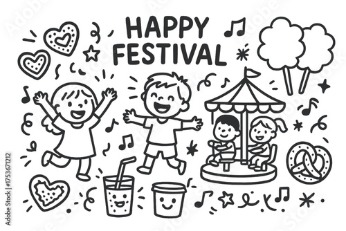 Festive Doodle Extravaganza. Happy festival doodle vector with children, gingerbread hearts, cotton candy sticks, pretzel,