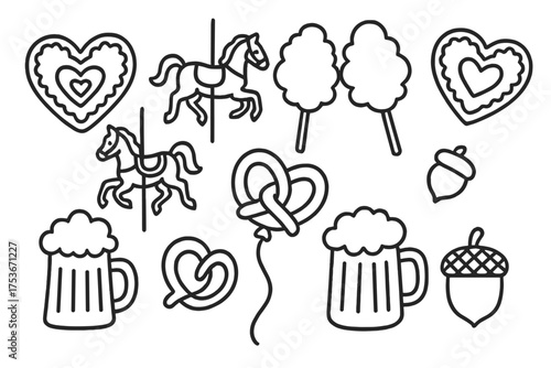 Whimsical Amusement Doodles. Amusement doodle vector with gingerbread hearts, carousel horses, cotton candy sticks, acorn, pretzel