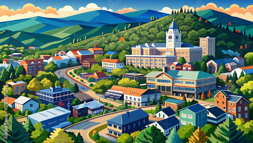 Very beautiful aerial view of Boone, North Carolina, USA, an old historical town in the Blue Ridge Mountains, featuring charming historic American architecture, winding streets, and scenic mountain 