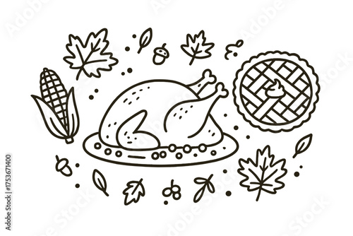 Thanksgiving Feast Doodle. Thanksgiving dinner doodle vector with turkey, pie, corn and autumn leaves isolated transparent
