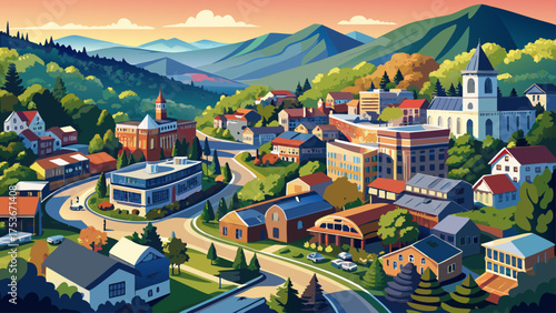 Very beautiful aerial view of Boone, North Carolina, USA, an old historical town in the Blue Ridge Mountains, featuring charming historic American architecture, winding streets, and scenic mountain 