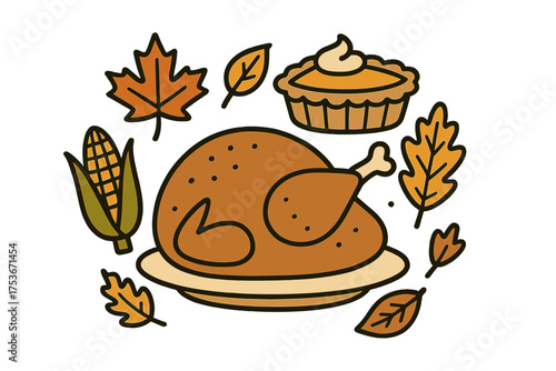 Thanksgiving Feast Doodle. Thanksgiving dinner doodle vector with turkey, pie, corn and autumn leaves isolated transparent