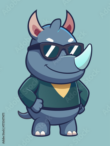 Confident cartoon rhino character with large horn and sunglasses wearing green sweater on teal background illustration