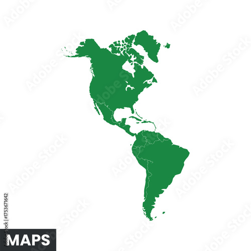 America Continent Map Template Green Isolated. Detailed Vector Silhouette. Template Design.