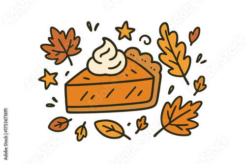 Thanksgiving Pie Doodle. Thanksgiving pie doodle with pumpkin pie, whipped cream, stars and autumn leaves isolated transparent