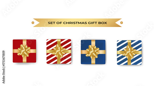 Set of holiday present blue and red with golden bow. Gift box for use in card of women day, birthday, Christmas. Top vie, vector
