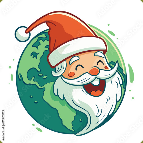 Vector illustration of planet Earth wearing a Santa hat, symbol of global Christmas celebration, isolated on a white background
