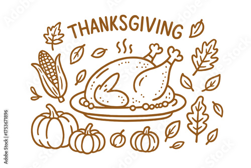 Thanksgiving Feast Doodle. Thanksgiving turkey doodle with roasted bird, corn, pumpkins and falling leaves isolated transparent