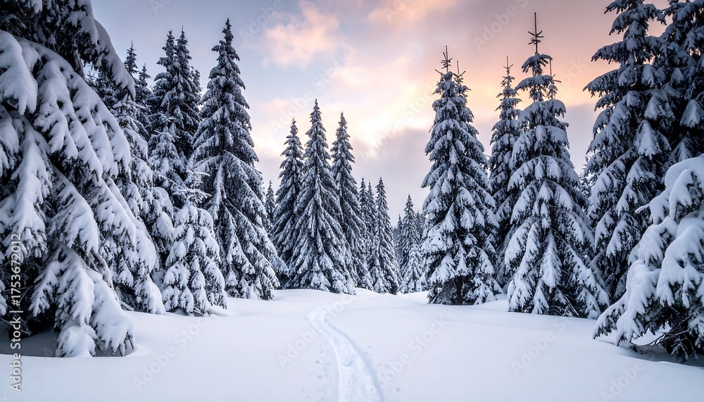 Fototapeta premium A serene winter scene depicting a snow-covered trail winding through a forest of evergreen trees under a pastel-colored sky