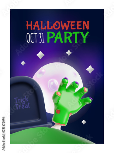 Halloween party October 31 3D vector poster design, creepy zombie green hand stretches up from the gravestone, full moon