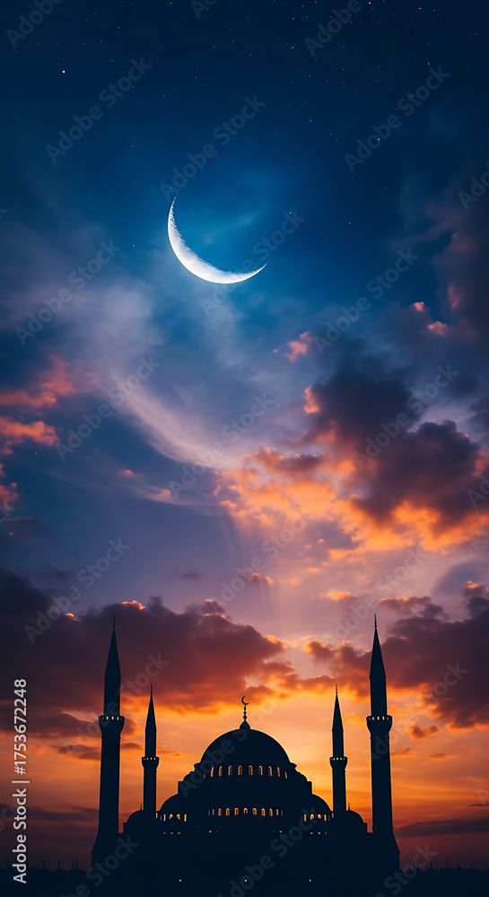 Obraz premium Backdrop for Ramadan Kareem Celebration Banner with Mosque Silhouette under Crescent Moon and Clouds in a Photorealistic High-Resolution Night Sky