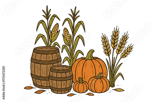 Autumn Harvest Elements. Autumn harvest doodle with barrels, corn stalks, pumpkins and wheat isolated transparent background