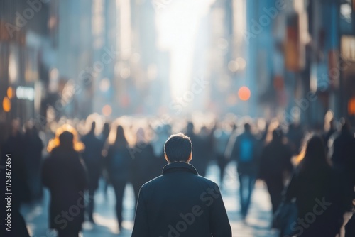 A man walks forward in a busy city crowd toward bright sunlight.