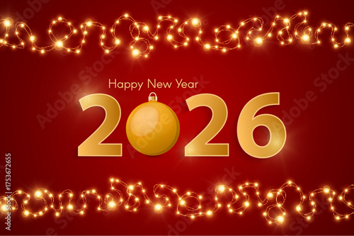 Dark red Happy New Year 2026 concept with silver ball and garldnds. Christmas and Chinese New Year decor. New year card or sale concept. Vector illustration