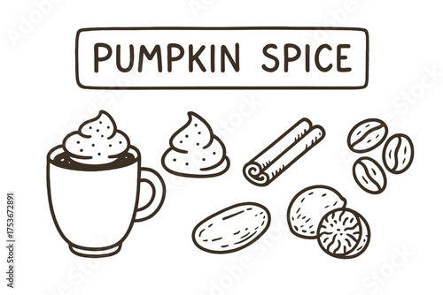 Pumpkin Spice Icon Set. Pumpkin spice doodle icon set: hand drawn icons of latte cup, whipped cream, cinnamon sticks, nutmeg, and