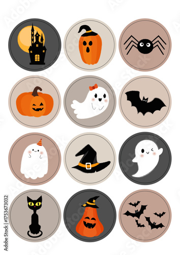Halloween cute stickers, happy Halloween, ghost, cat, pumpkin