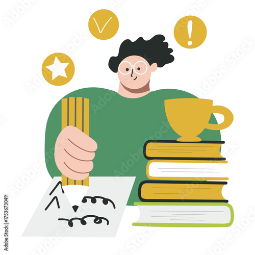 Concept education, guy character, man prepares for difficult exam, before olympiad to be smart, hand drawn vector illustration.