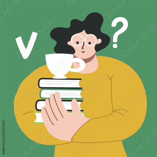Concept education, preparation for exams, student session, female character, hand drawn vector illustration.