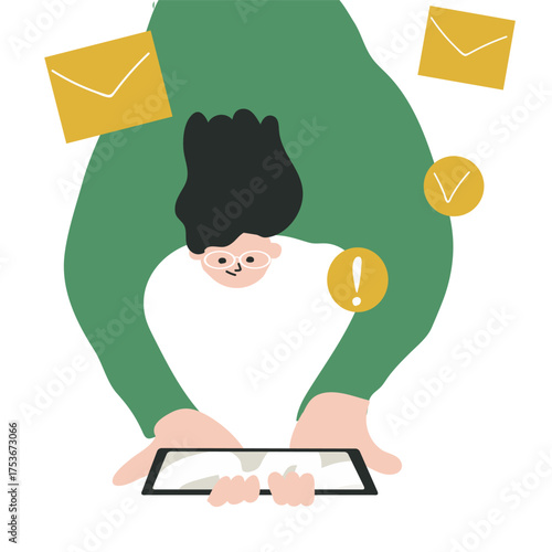 Concept education, Internet user during online search of data, information. Web analysis and CEO concept. A guy fallen with smartphone. Upside-down man. Hand drawn art.