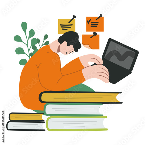 Concept education, guy, male character, man, studies on computer, laptop,  prepare for exam, school preparation. Vector hand drawn illustration.