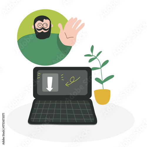 Concept education, male character operator from screen of a smart phone, laptop. Customer service concept. Stock flat hand drawn vector illustration.