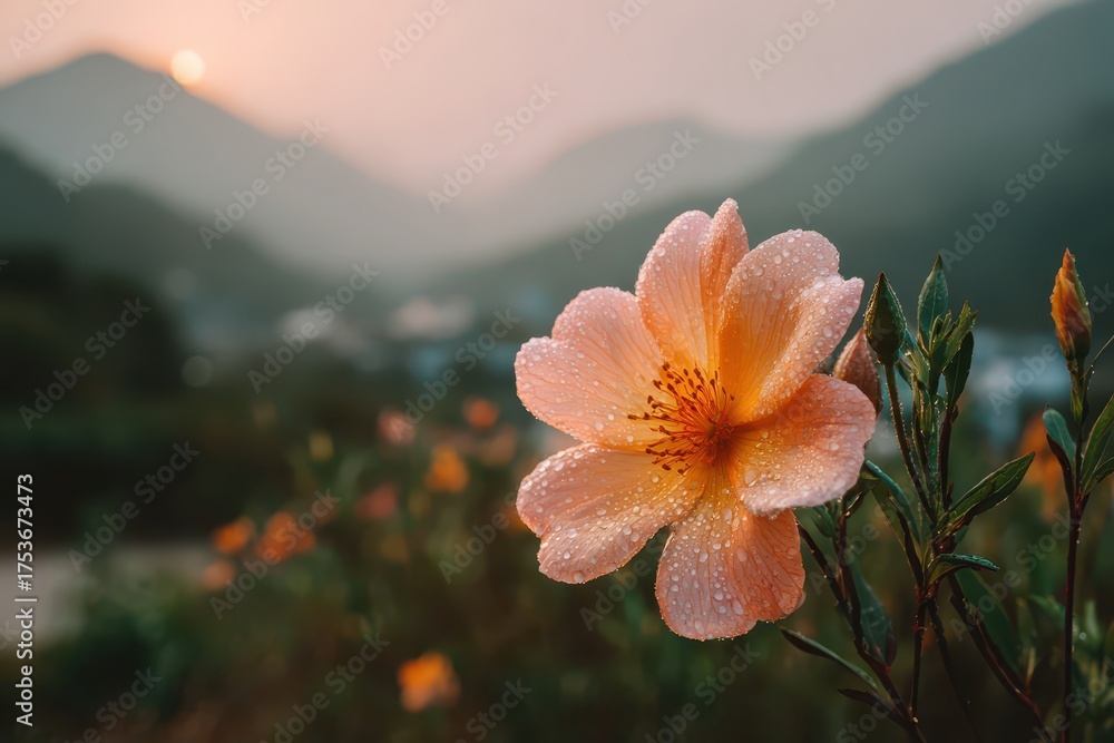 Fototapeta premium Close-up view of beautiful peach colored flower covered in dew drops against mountain range in soft morning light, with blurred background and green foliage.
