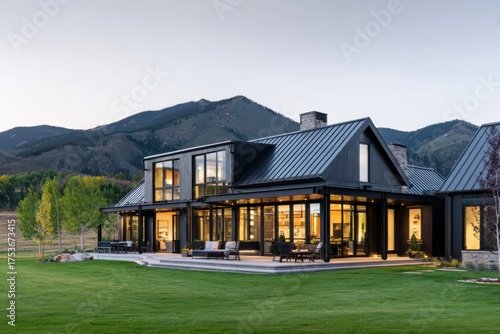 A contemporary black house featuring expansive windows is nestled within a breathtaking mountain landscape at dusk, surrounded by lush greenery and the stunning beauty of nature