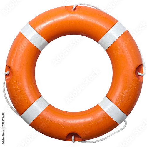 A bright orange life preserver with white stripes and rope detailing, suspended on a black background